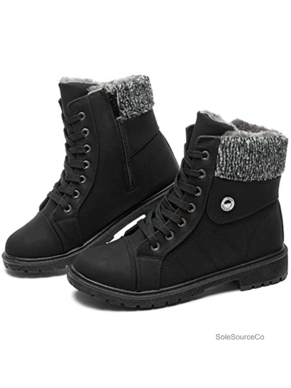 Women's Faux Leather Combat Boots with Fur Lining Side Zipper Winter Ankle